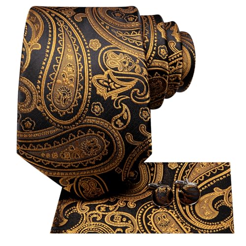 Image of Hi-Tie Mens Paisley Floral Striped Ties Set Silk Necktie and Lapel Pin for Men Pocket Square Cufflinks Set Business Wedding