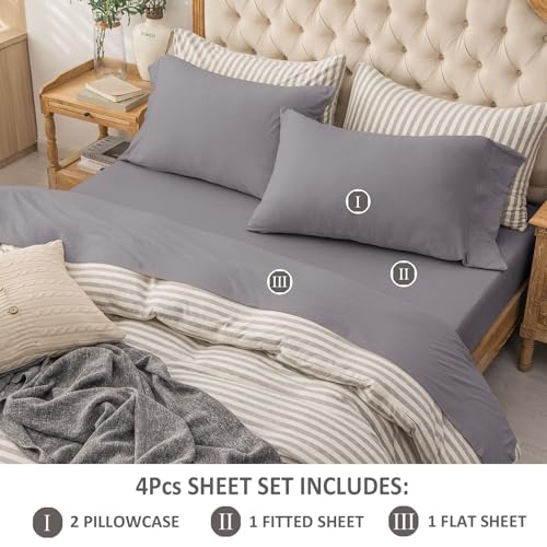 PURE ERA Jersey Knit 4pc Bed Sheet Set 100% T-Shirt Cotton Super Soft Comfy Breathable Fits Mattress Up to 20" Extra Deep Pocket (Solid Grey Purple, Queen)
