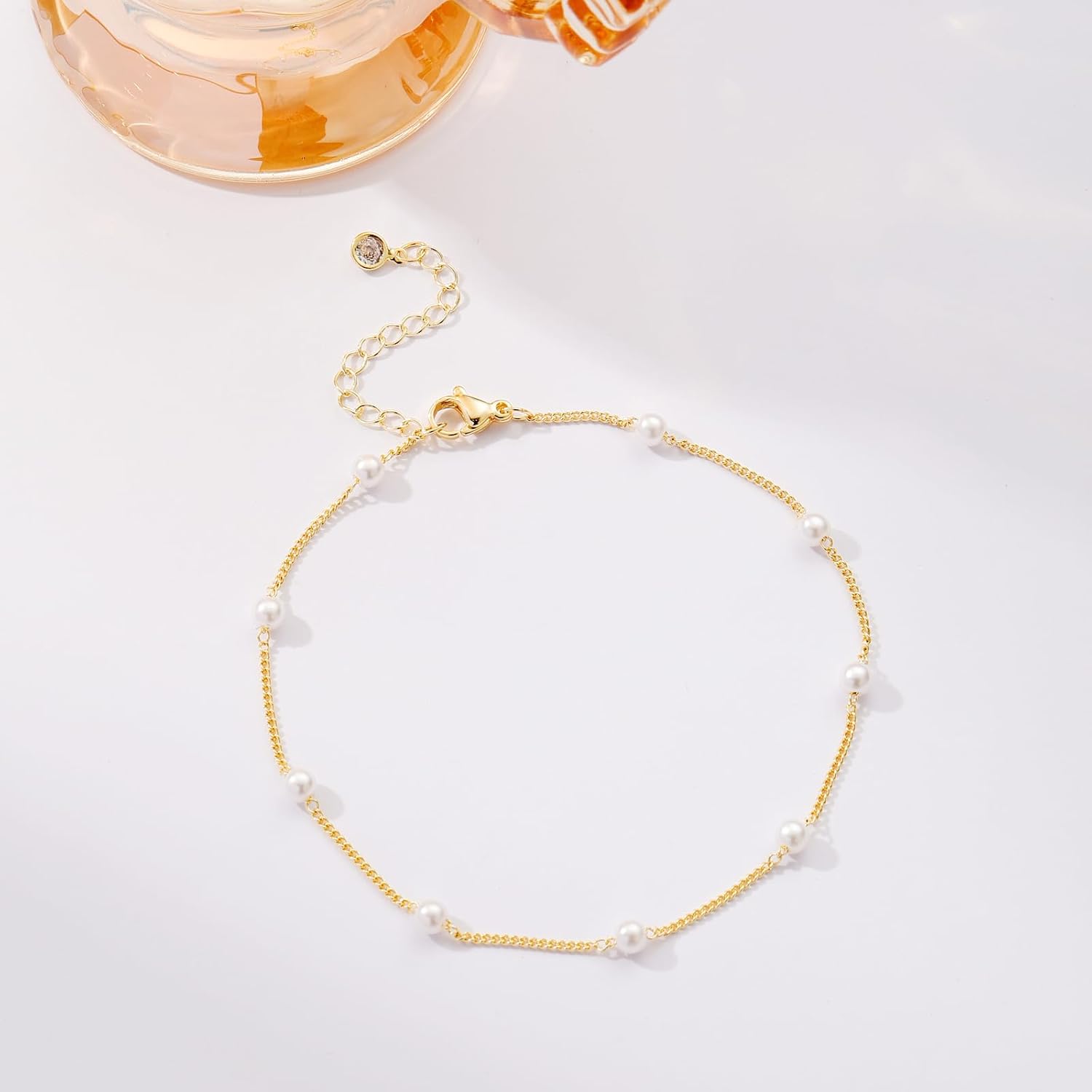 VIROMY Ankle Bracelets for Women Gold Chain 14K Gold Plated Pearls Beads Anklet Dainty Beach Summer Simple Foot Anklets for Women - Image 5