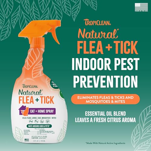 TropiClean Flea and Tick Treatment Spray for Cats & Home, Safely Treat, Prevent & Control by Contact, Powerful & Natural Defense, USA Made, 32oz - Thumbnail 3