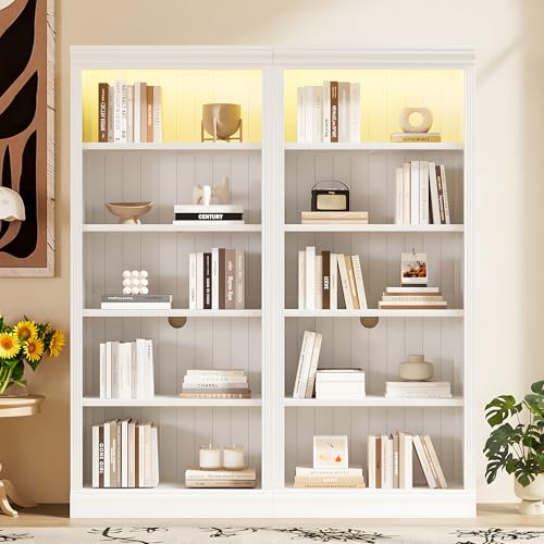 Virubi 2PCS 83.4' Tall Bookcase with LED Light, 5-Tier Wood Bookshelves with Adjustable Storage Shelves for Living Room Home Office, Storage Organizer for CDs Books Movies, Freestanding (White)