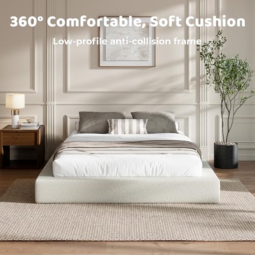 Image of RECCI AirFrame Bed Frame, Cloud Upholstered Platform Bed Frame, 5 Inch Fully Boxy Foam Cushioned, Square Shape Base, No Box Spring Needed, Easy Assembly, Soft Low-Profile (Cream Boucle, Queen)