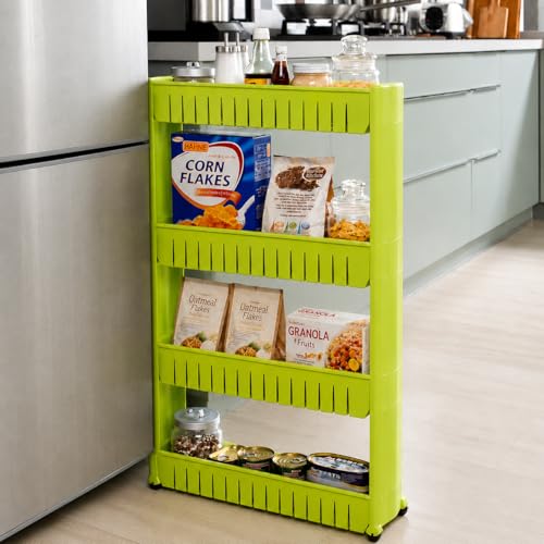 JD FRESH 4-Tier Slim Rolling Storage Organizer Rack/Fridge Side Storage Rack/Plastic Trolley Storage Stand with Wheels/Floor Standing Cabinet for Bathroom and Kitchen Corner Area (Green)