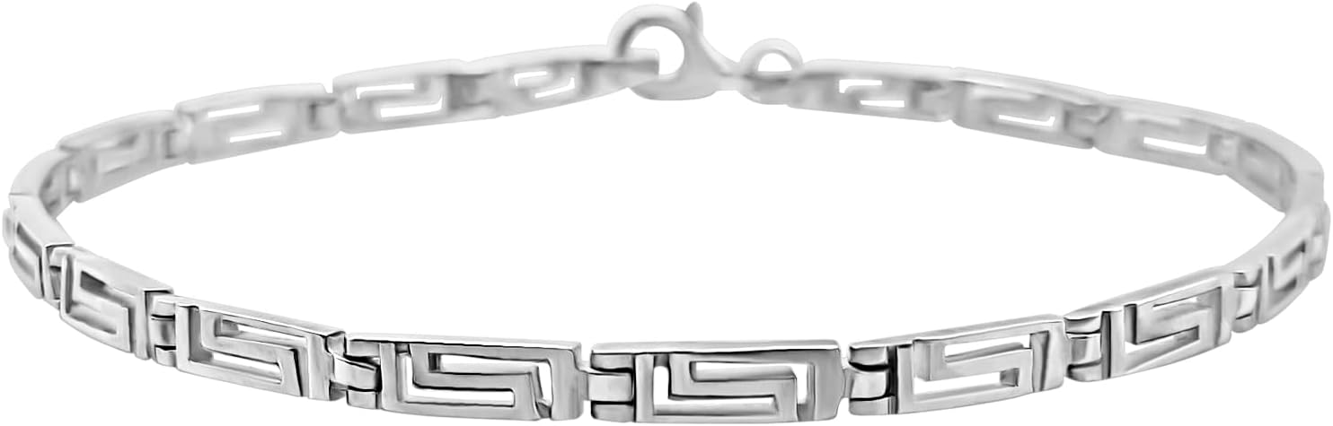 Silverly Sterling Silver Thick Greek Key Chain Bracelet With a Lobster Clasp - 925 Silver Sleek Modern Bracelets for Women - Elegant Classic Chunky Design - Gift for Wife