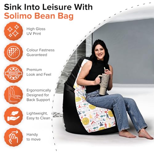Image of Amazon Brand - Solimo Premium Faux Leather Bean Bag Combo with Footrest & Cushion, Filled with Beans | Capacity: Upto 6 Ft 3 in Height, 120 KG Weight | 4XL | Yoga se Hoga | Black