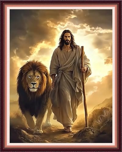 Image of Fanxvivy Stamped Cross Stitch Kits for Beginners Full Range of Cross Stitching Preprinted Embroidery Kits for Adults, 11CT Embroidery Pattern Needlepoint Kits-Jesus and the Lion 16x20 inch