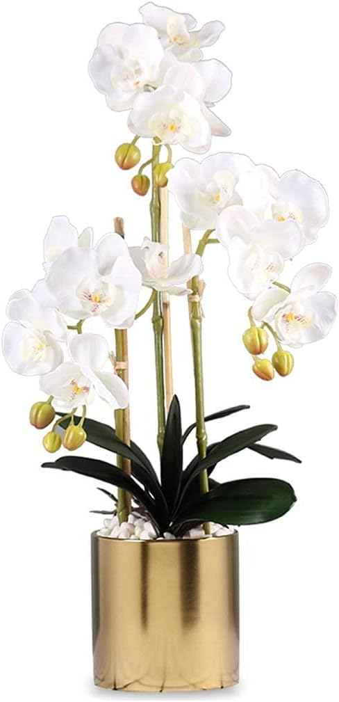 人工花3頭白い人工蘭の花と花瓶セット偽造シルクフラワー植物