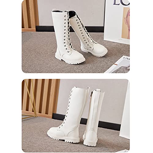 Kid's Girls Leather Lace-Up Zipper Mid Calf Combat Riding Boots Girls Fashion Waterproof Winter Boots Dress Princess Shoes4