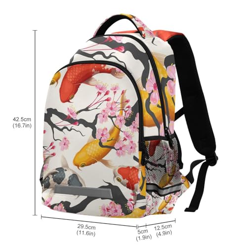 Bookbag Backpack for Teen Knapsack Grade Schoolbag Laptop iPad Tablet Rucksack Girls Boys Students Daypacks with Pockets Print Japanese Yellow Red Fishes Cherry Blossoms Branches3