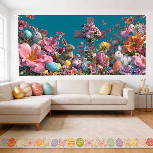 Image of Spring Floral Cross Garage Door Cover 157x70 inch Bunny Colorful Eggs Butterfly Christian Outdoor Mural Waterproof Easter Home Decor