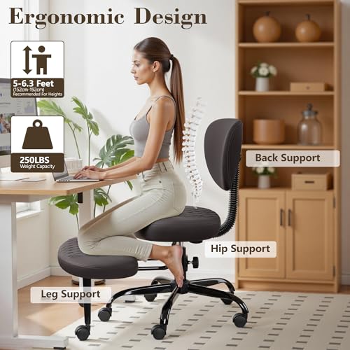 Ergonomic Cross Legged Office Chair with Wheels - Adjustable Height for Meditation, ADHD Desk & Yoga - Wide Criss Cross Design with Lumbar Support, Kneeling Chair - Dark Brown