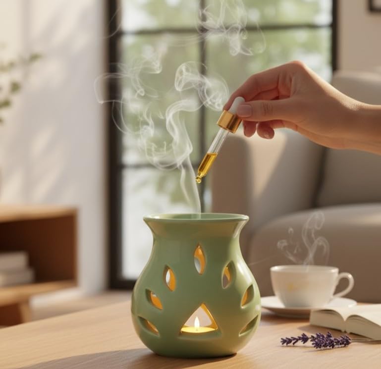 AuraDecor Aroma Oil Diffuser Burner for Home Decor and Fragrance Diffuser with 15 ml Oil and 1 Tealight Candle (Green, Medium)-image-25