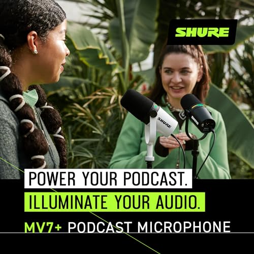 Image of Shure MV7+ Podcast Microphone. Enhanced Audio, LED Touch Panel, USB-C & XLR Outputs, Auto Level Mode, Digital Pop Filter, Reverb Effects, Podcasting, Streaming, Recording - White