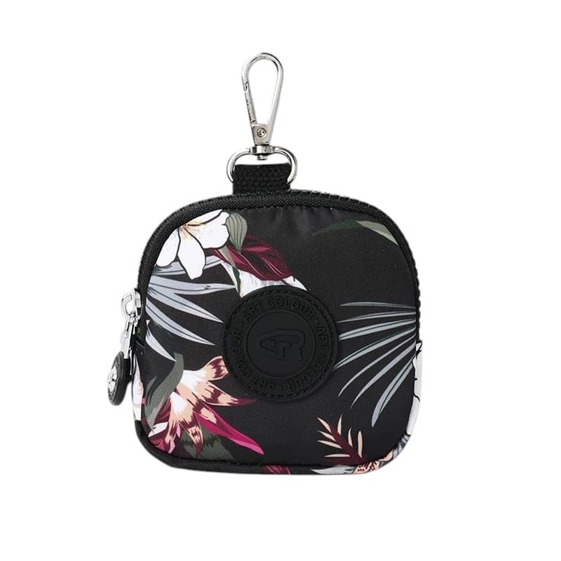 Bag in Mini Coin Purse Pouch with Zipper and Keychain Clip – Small Travel Wallet for Coins, Earbuds, Keys – Compact 10x10x2cm Square Organizer for Women (Black Flower)-image-7
