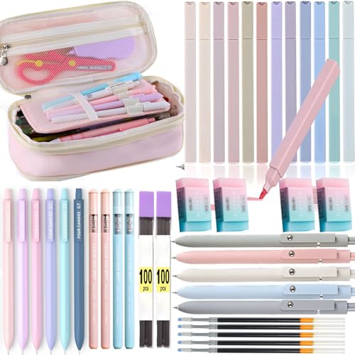 39Pcs Colorful School Supplies Set Includes Pencil Case Pastel Highlighters Roller Ball Pens Erasers and Mechanical Pencils
