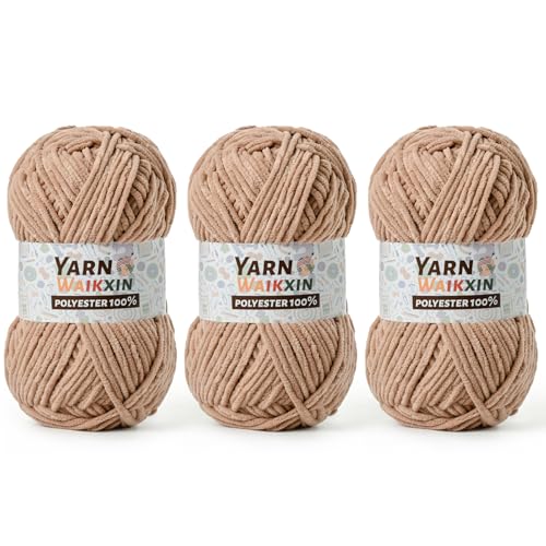 Image of 3 Pack Soft Chenille Yarn for Crocheting, Fluffy Chunky Crochet Yarn for Baby Blanket, (5.29oz /196.8yds) Fuzzy Velvet Yarn for Amigurumi&DIY Puzzle、Crafts、Scarf(3 Light Coffee)