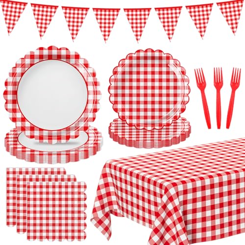 102 PCS Red Gingham Party Supplies - Christmas Scalloped Plates, Napkins, Cups, Forks, Banner, Gingham Tablecloth for Baby Shower, Birthday, Picnic Party Decorations, Serves 25