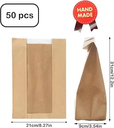 Miniatura 2 de Bolsas de panadería con ventana, paquete de 50 bolsas de pan tostado, bolsas grandes de papel Kraft, bolsas de almacenamiento de pan para pan