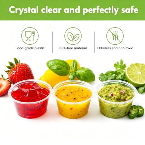 Image of TashiBox 400 Sets - 2 oz Jello Shot Cups with Lids, Small Plastic Portion Cups with Lids, Disposable Condiment Containers for Sauce