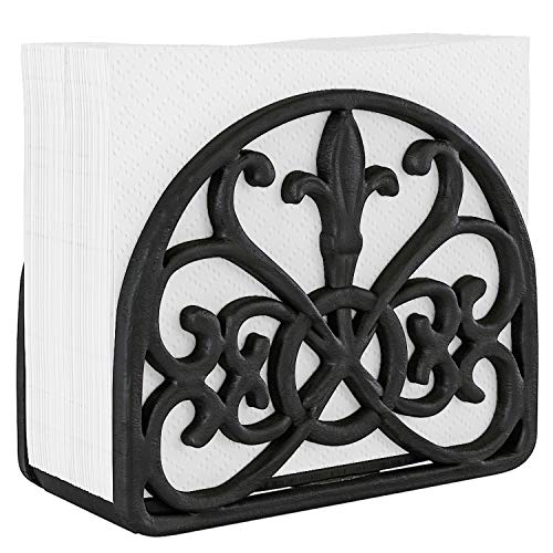 Home Intuition Fleur De Lis Collection Standing Cast Iron Napkin Holder, Weighted Design, Matte Black