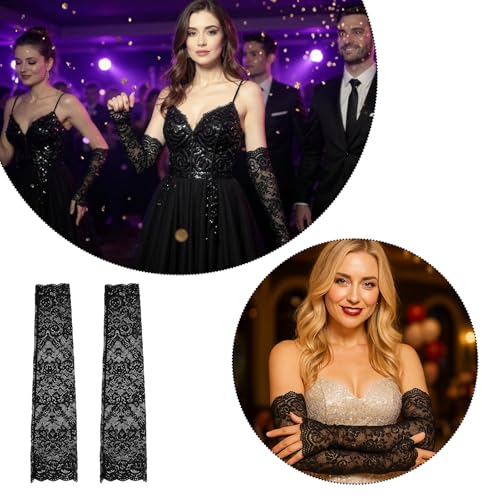 Fingerless Black Lace Gloves for Women Elbow Length Lace Arm Sleeves Elegant Long Floral Laces Fingerless Gloves for Dance Party Tea Party Cosplay 20s Accessories Evening Wedding Dinner Bridal4