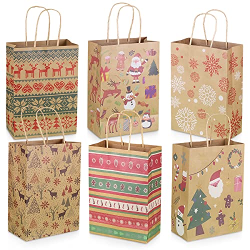 Lot de 24 Sacs Cadeaux Kraft de Noël 6 Styles Assortis Sacs en papier de Noël avec poignées Sacs cadeaux de Noël avec imprimés de Noël pour emballage cadeau de Noël Fournitures de fête de Noël Cover
