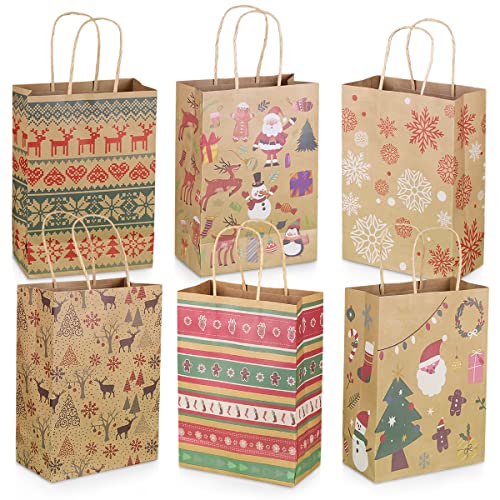 12 bolsas regalo Kraft de Navidad 6 estilos surtidos Bolsas de papel de Navidad con asas Bolsas de Navidad con estampados navideños para envolver regalos de Suministros de fiesta de Navidad