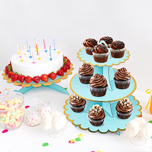 3 Pcs Cardboard Cupcake Stand 2 Set Of 3 Tier Cupcake Stand For 24 Cupcakes And 1 Large Cake Display Serving Tray Cupcake Tower Set For Wedding Baby Shower Birthday Party Decor, Blue #TOP7
