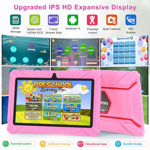 Image of Contixo 7 inch Kids Tablet - V8 Tablet for Kids and Sleeve Bag Bundle, Age 3-7, Learning Tablet for Children with Teacher's Approved Apps, 32GB, Android 11, Parental Controls - Pink (Girls)