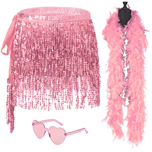 Sequin Skirt - Pink Sequin Skirt for Women Fringe Skirt Belly Dance Rave Disco Cowgirl Sparkle Skirt with Sunglasses + Boa