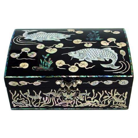 Mother of Pearl Inlay Koi Fish Design Lacquer Wooden Black Mirrored Mens Jewelry Trinket Keepsake Treasure Gift Box Case Pirate Chest Organizer Cover