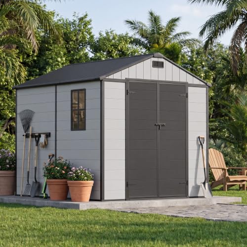 Image of Greesum 8x8FT Resin Shed with Floor, All-Weather Resistance, Light Gray | All-Weather Protection (Rain /Snow /UV) | Sloped Leak-Proof Roof | Heavy-Duty Reinforced Base | Lockable & Well-Ventilated