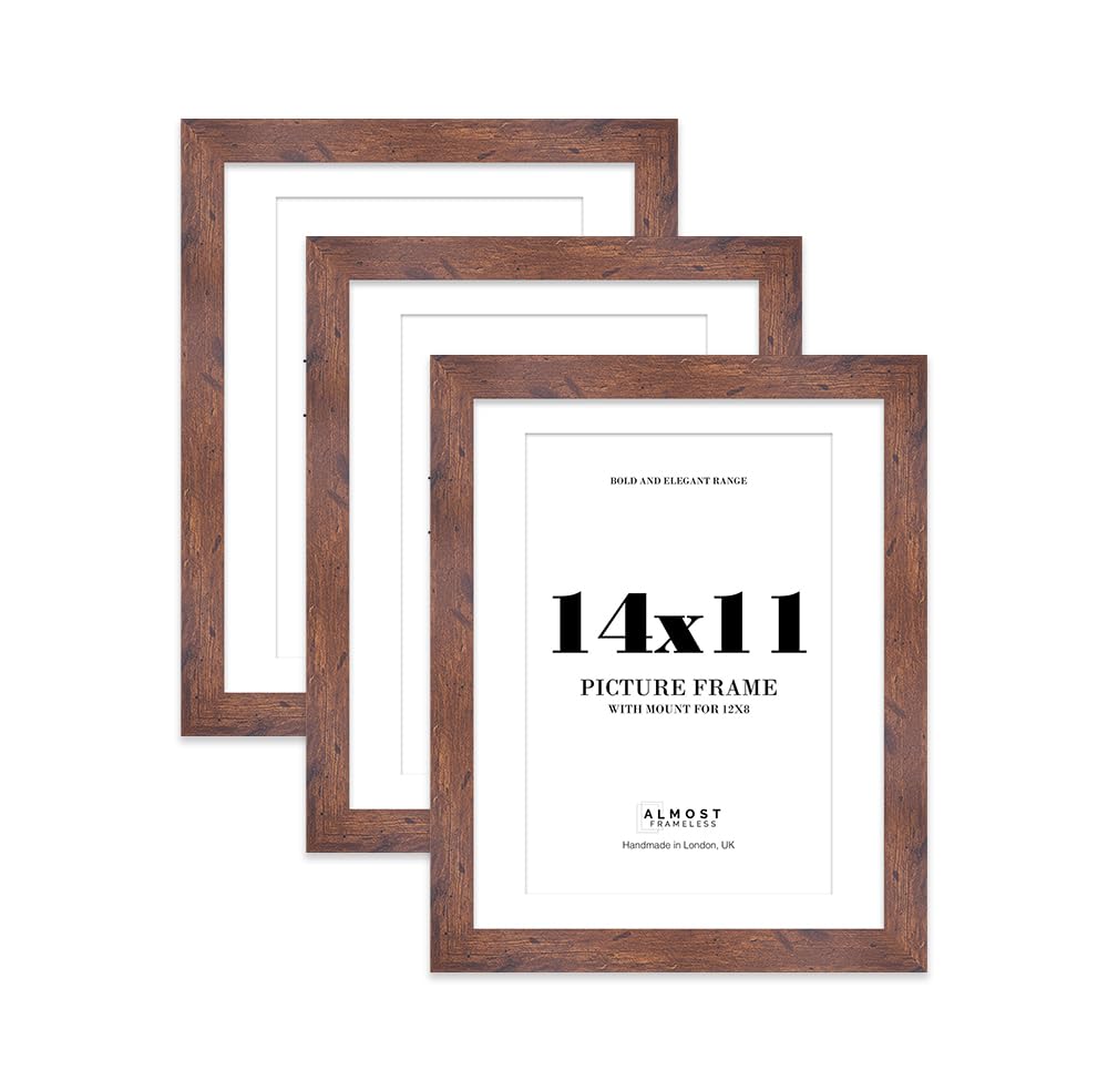 14x11 Rustic Wood Frame With Mount for 12x8 Pictures 28mm Edge Portrait and Landscape Display with Wall Hooks and Kickstand, 3 Pack