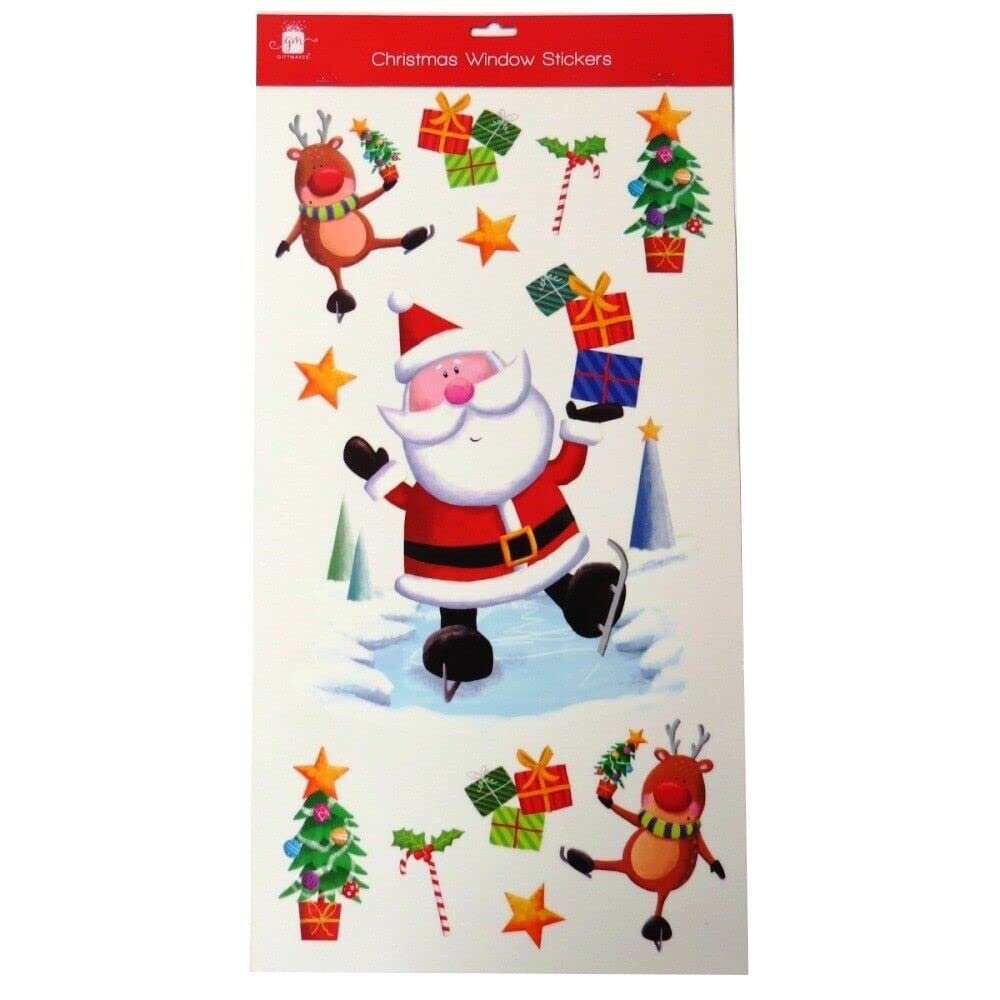 Skyte Multicolor Christmas Xmas Window Stickers Gel Jelly Decals Decorations Multicoloured Christmas Window Gel Clings Glass Decorations Santa Reindeer Snowman Penguin Snowflakes (Santa Skiing), One Size