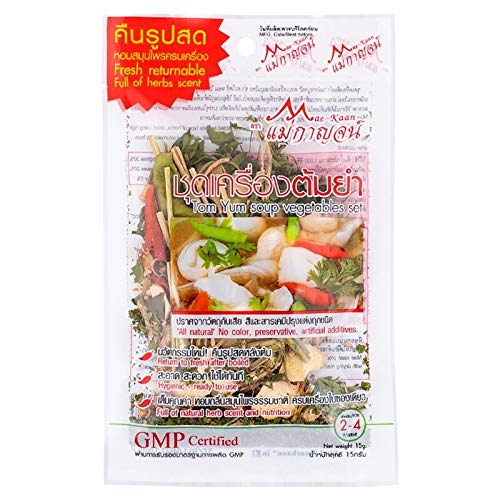 Mae-Kaan Brand, Tom Yum Soup Vegetables Set, Lemongrass, Galangal, Kaffir Lime Leaves, Chili, Onion, Parsley 15g X 4 Packs