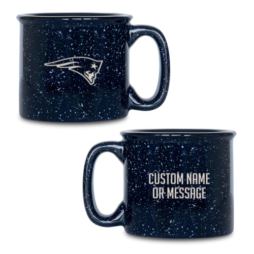 Rico Industries NFL New England Patriots Personalized 12oz. Speckle Camper Coffee Mug, Deep Laser Engraved Logo, Ceramic Camping Mug with Navy Body, Speckle Glaze