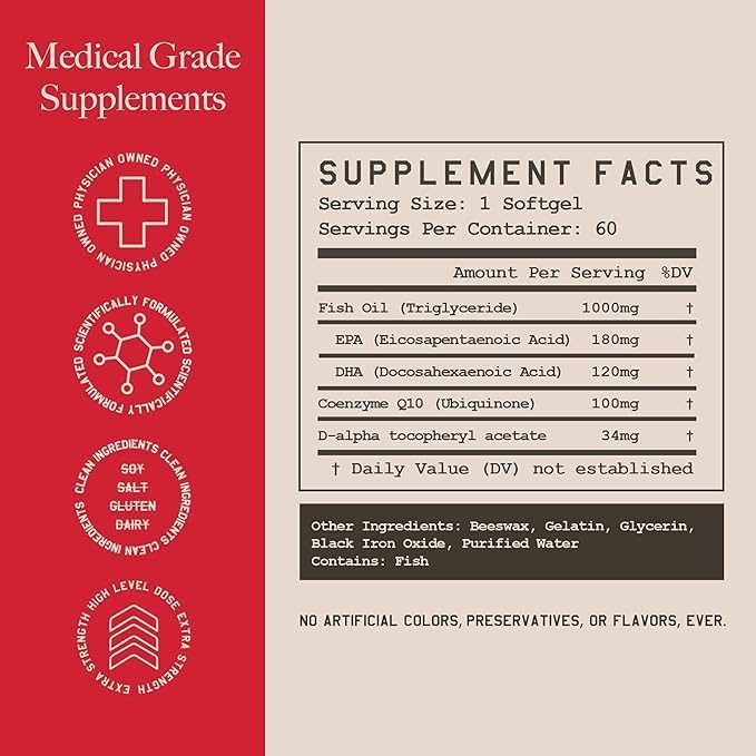 High Level Science CoQ10, Omega-3, Vitamin E, Cardiologist Formulated for Heart + Body + Mind Health, DHA/EPA, Antioxidant for Energy, Superior Bioavailable Fish Oil, Gluten Free, 60 Softgels - 3 Pack image 3 of 9 B0FB164FJ2