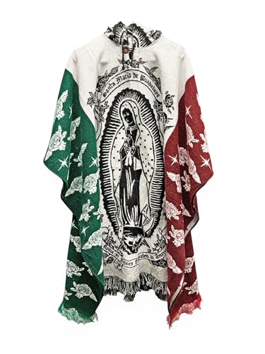 Our Lady of Guadalupe Virgin Mary Multicolor Green Red Alpaca Wool Poncho Cape Shawl Blanket Virgen de Guadalupe Poncho Zarape Gaban Unisex Indigenous Handmade
