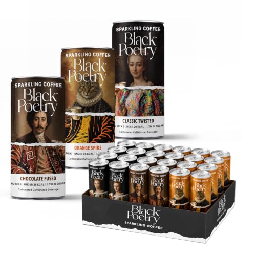 Image of Black Poetry Sparkling Coffee Variety Pack of 24 - 185ml Each | 8 Each of Classic Twisted, Orange Spike & Chocolate Fused Flavours | 100% Arabica Cold Brew | Ready-to-Drink Black Coffee | Low Sugar