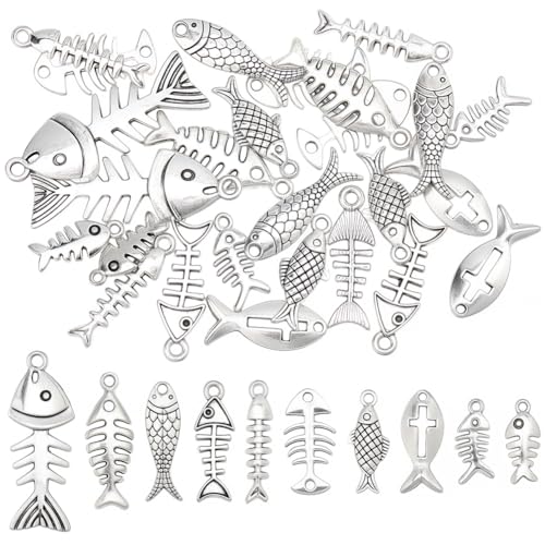 BEAMARKER 40 Pieza de 10 Colgantes de Pez para Hacer Joyas, Estilo Tibetano, de Aleación de Plata Antigua, con Forma de Espina de Pez, para Pulseras, Collares, Pendientes Y Llaveros de Verano.