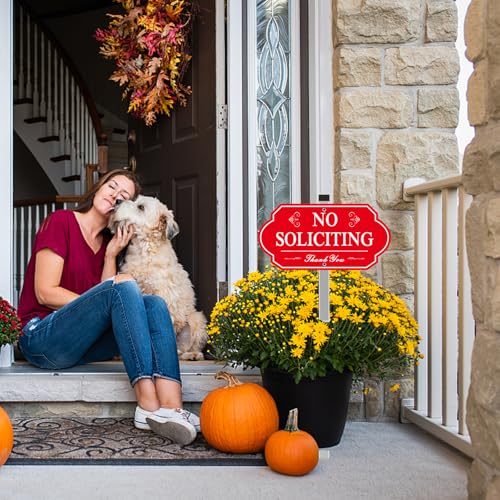 Image of Heavy Duty No Soliciting Sign for House - All Metal Construction No Soliciting Yard Sign - 14 inch x 7 inch - Aluminum - with 28 inch Long Stake (Red)
