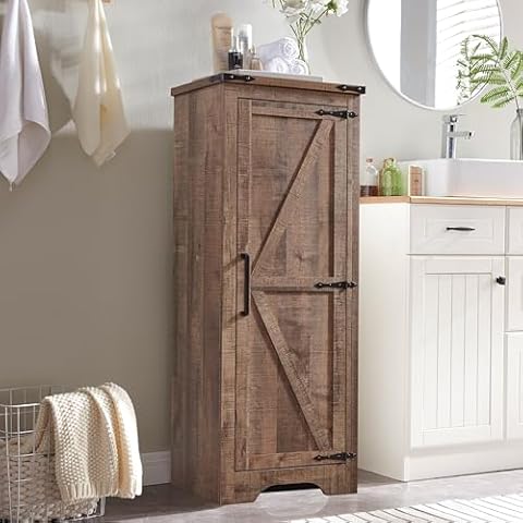JXQTLINGMU Farmhouse Small Bathroom Storage Cabinet with Adjustable Shelves, Small Floor Cabinet with Barn Doors, Small Cabinet Storage for Bathroom, Kitchen, Utility Room, Rustic Brown Cover