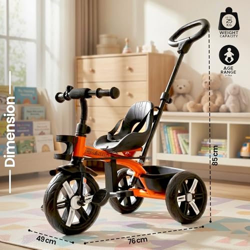 Image of Luusa Elite 500 Kids Tricycle with Parent Push Handle & Safety Seat Belt - Premium 3 Wheel Toddler Cycle with Storage Basket & Comfortable Backrest for 1-4 Years Boys & Girls (Orange)