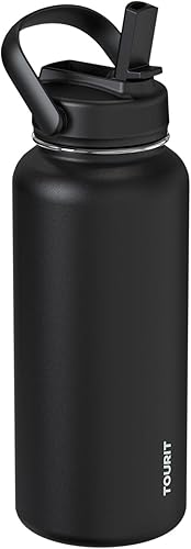 TOURIT Botella de agua aislada de 32 onzas, botella de acero inoxidable con popote, aislamiento al vacío de doble pared para bebidas frías y