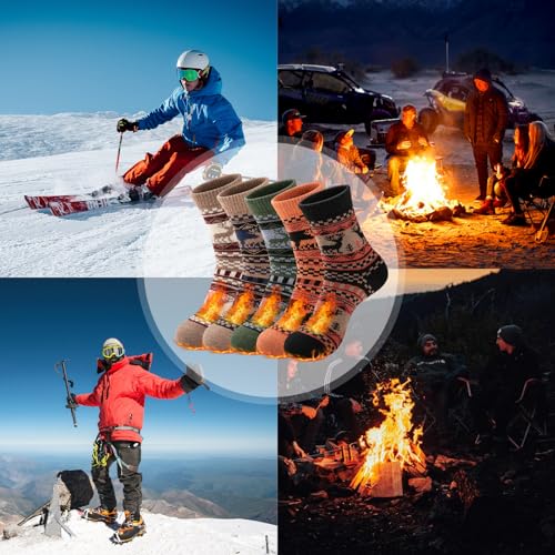 COOVAN Mens Wool Socks Winter Warm Pattern Thick Hiking Thermel Cold Weather Crew Socks 5 Pairs2