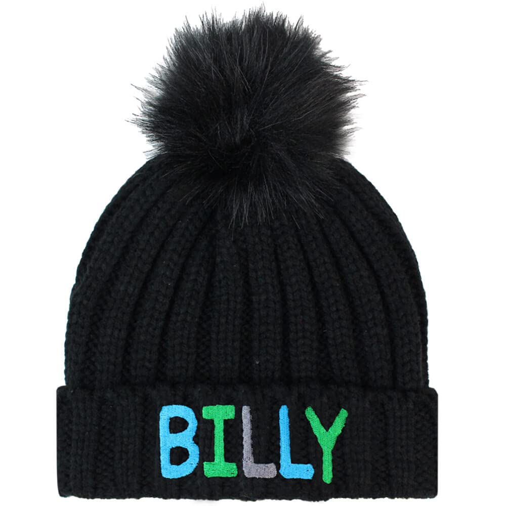 TeddyT's Personalised Boys Multicoloured Name Soft Bobble Hat with Pom Pom (2-4 Years) (Black)