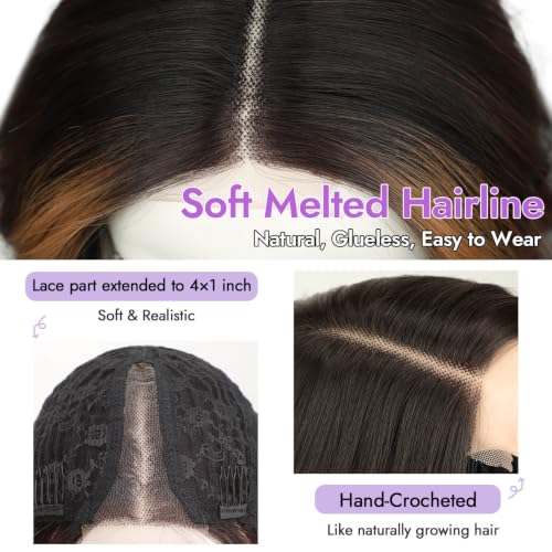Image of Eawwii Wigs for Women Brown Highlight,Short Wavy Synthetic Lace Wig