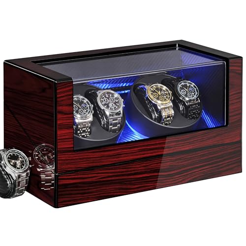 ANWBROAD Watch Winder, Scatola Caricaorologi Automatica con Luce LED, Rotazione Automatica Dell'orologio, 4 Rotatori per Orologi e Motore Super Silenzioso, JWW011Y