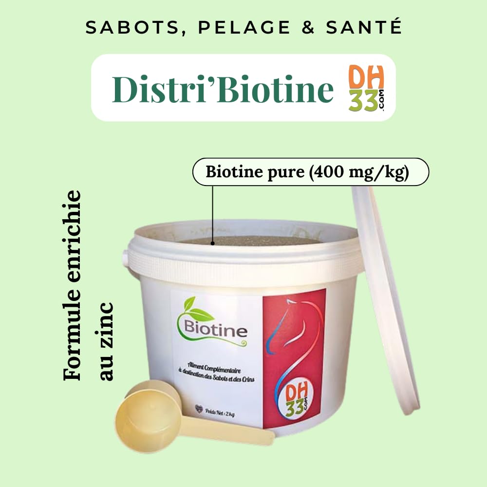 Distri’Biotine 2 kg – Biotine Cheval 400 MG/kg – Sabots Forts, Corne Solide & Pousse des Crins – Complément avec Zinc, Méthionine, Lysine & Vitamine C – 2 Mois de Cure
