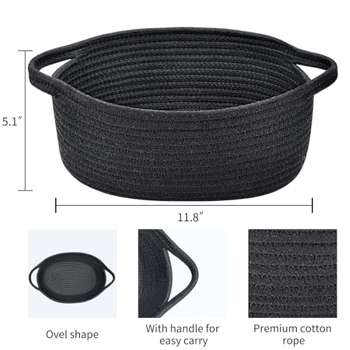 Image of ABenkle Small Basket with Handles, Boho Decorative Rope Woven Dog Cat Toy Storage Bin Shelf Storage Organizer, Easter Christmas Gift Basket, 12 inchx8 inchx5 inch, Black